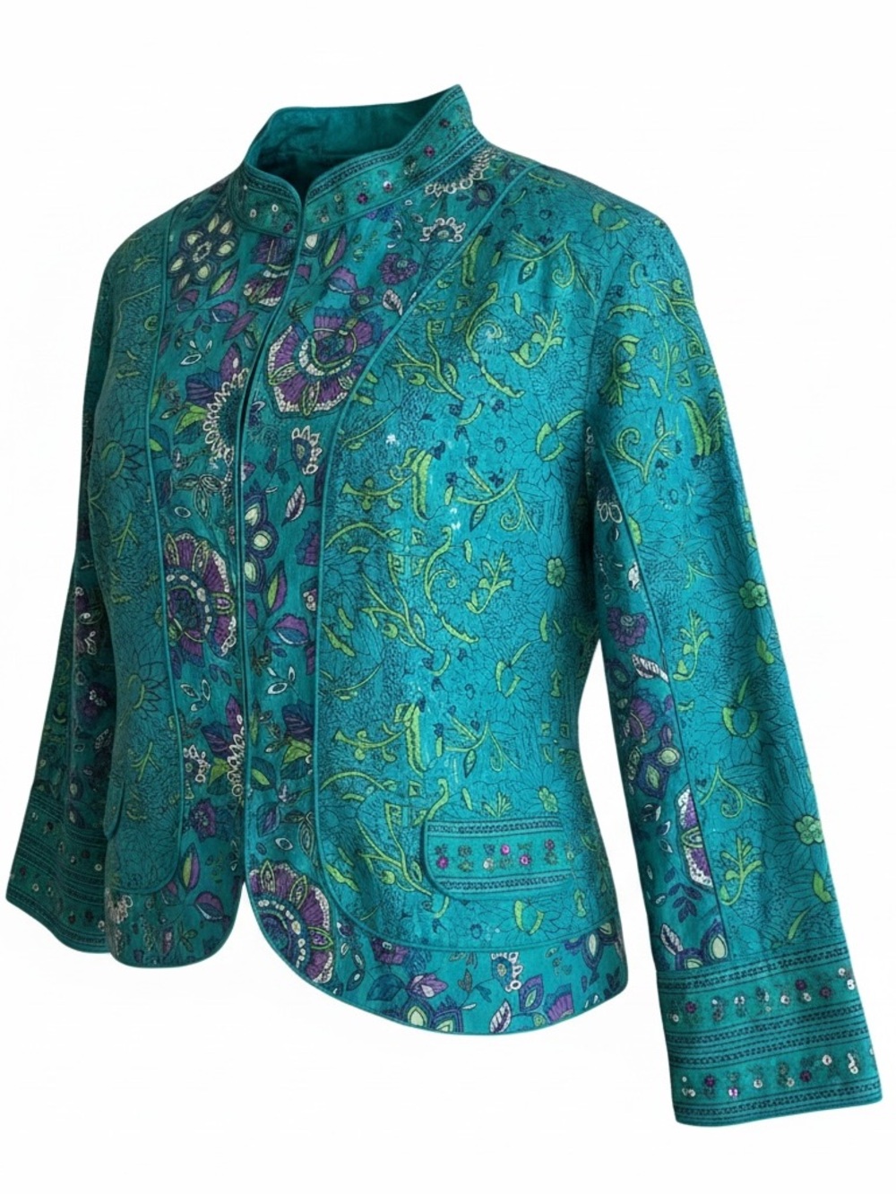 Phool Turquoise Floral Beaded Mandarin Collar Cotton Jacket Size XL Bohemian NWT